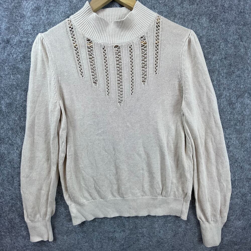 Free People Sweater Womens Large Beige Knitted Cutouts Crochet Boho Cabin Chic